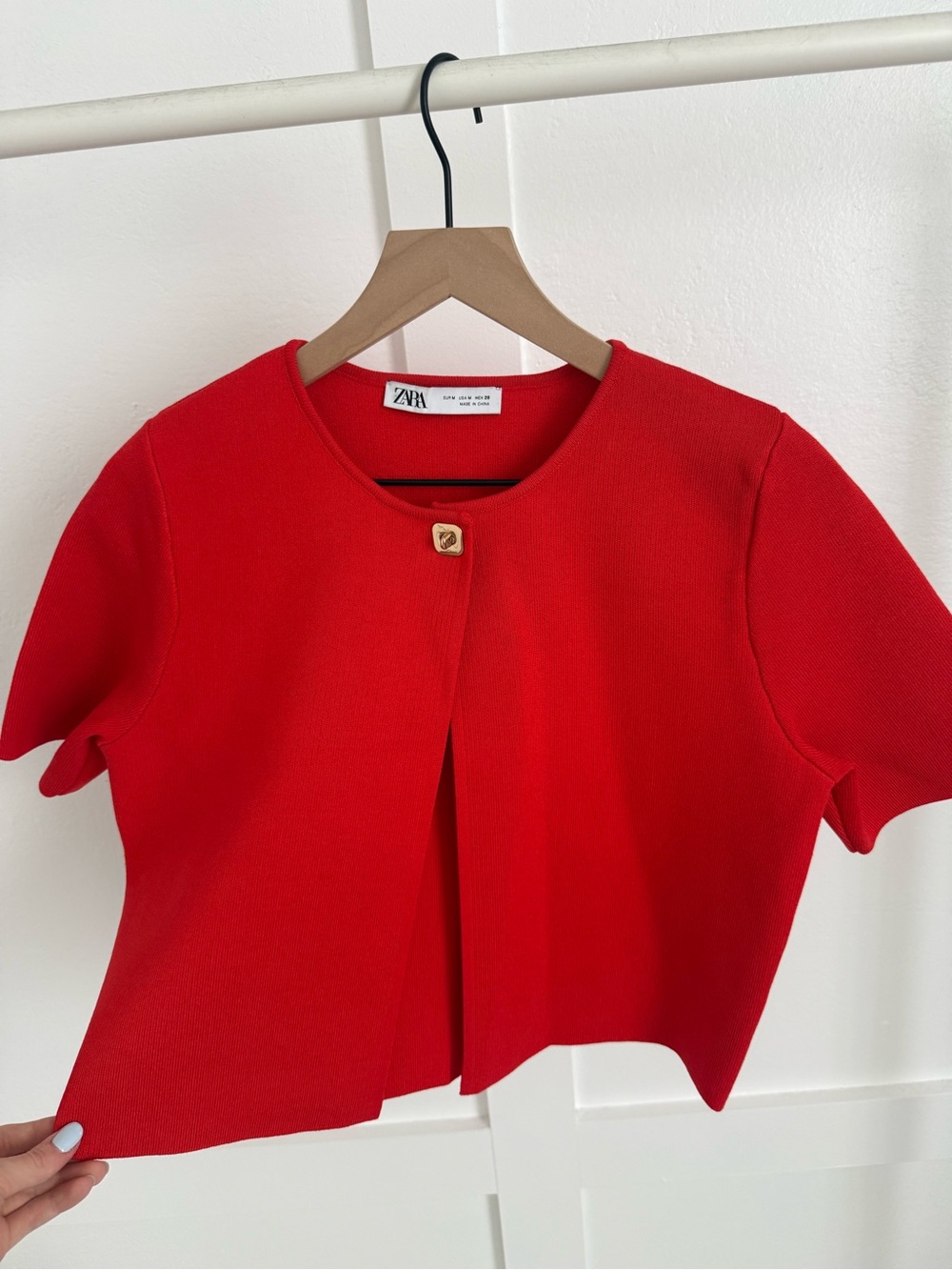 Zara Red Open Knit Top with Gold Button Detail
